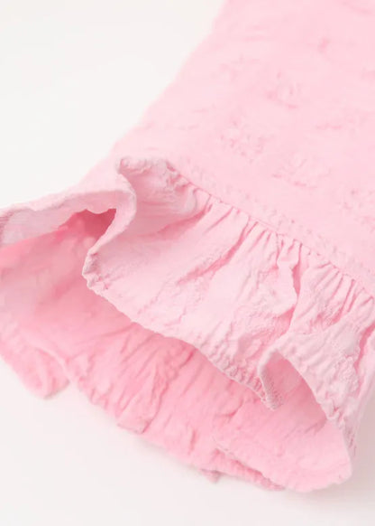 Pink Square Collar Ruffled Print Tulle Shirts Long Sleeve