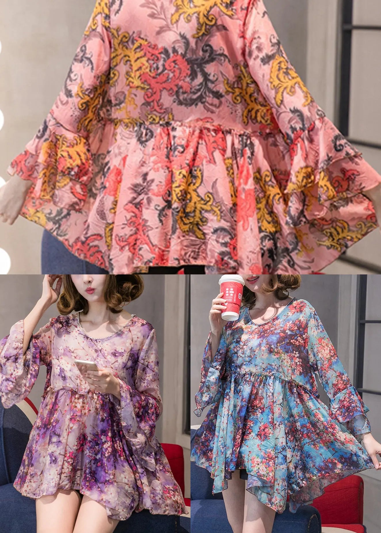 Classy Orange Ruffled Print Chiffon Tops Spring