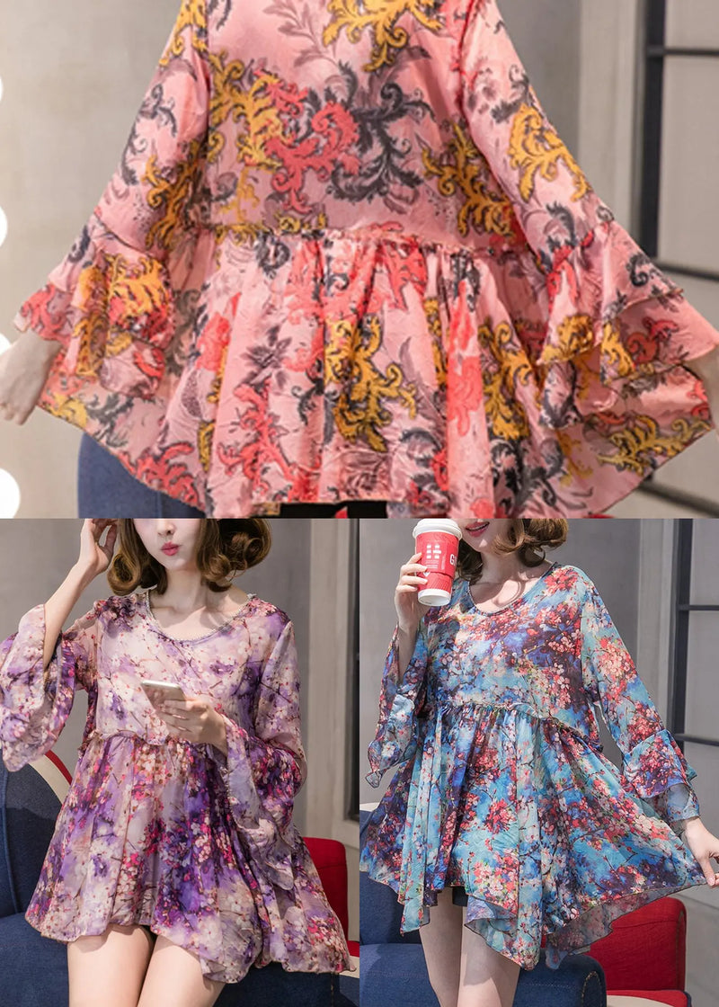 Classy Orange Ruffled Print Chiffon Tops Spring