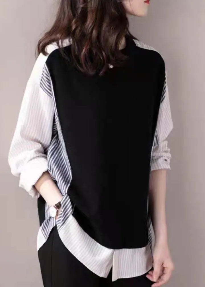 Black O-neck Striped Patchwork Shirt Fake Two Top Spring
