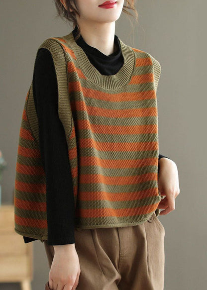 Orange Striped Knit Vest O-neck Oversized Spring