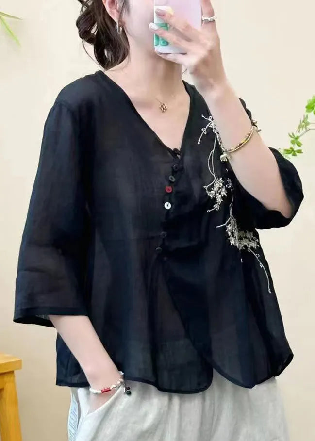 White Embroideried Linen Blouse Top Half Sleeve