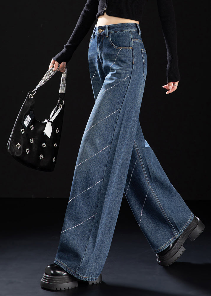 Stylish Blue Pockets Zircon Warm Fleece Denim Pants Spring