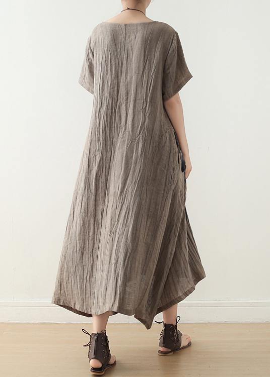 Art Khaki O-neck Linen Summer Maxi Dresses
