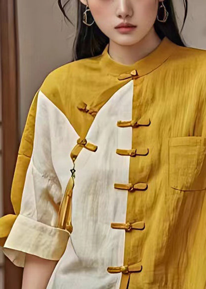 Yellow Button Pockets Patchwork Cotton Shirt Flare Sleeve