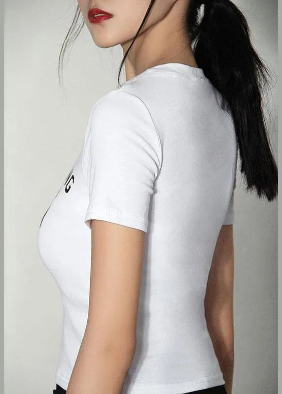 French White Letter O-neck Cotton Summer Tops