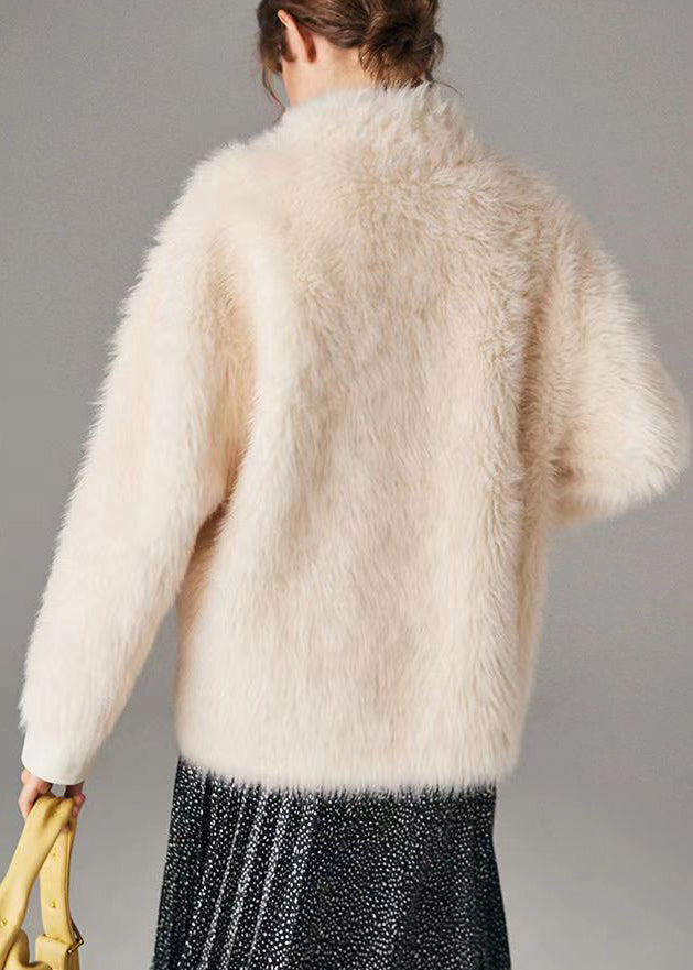 Fitted White Pockets Button Leather and Fur Coats Long Sleeve