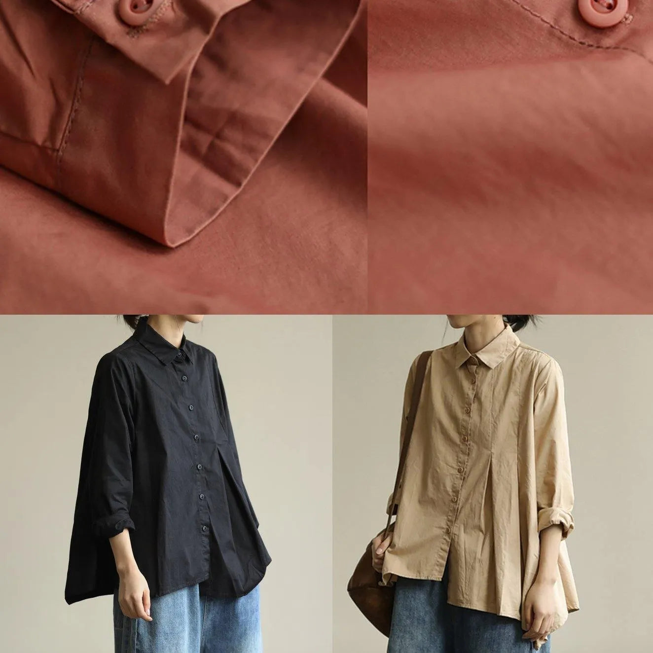 Organic Khaki Tunic Lapel Asymmetric Short Shirt Spring