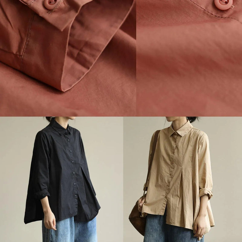 Organic Khaki Tunic Lapel Asymmetric Short Shirt Spring