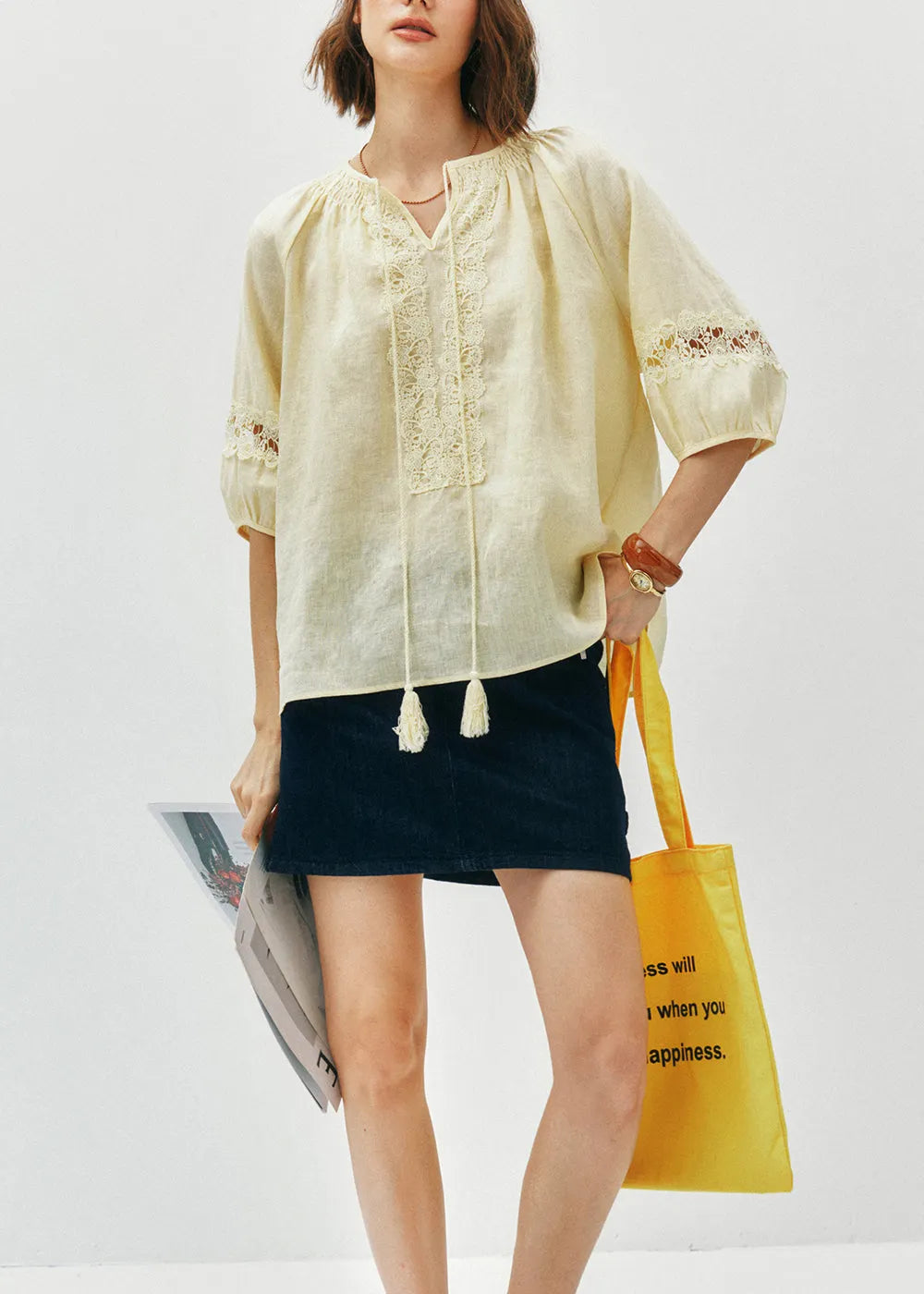 Yellow O Neck Patchwork Cotton Shirt Top Summer