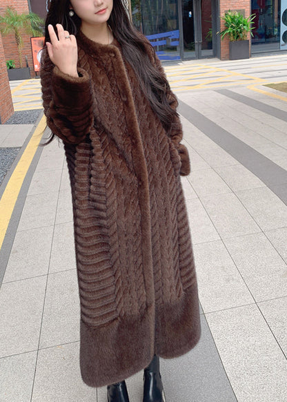 Coffee O-neck Pockets Print Leather and Fur Long Coats Winter