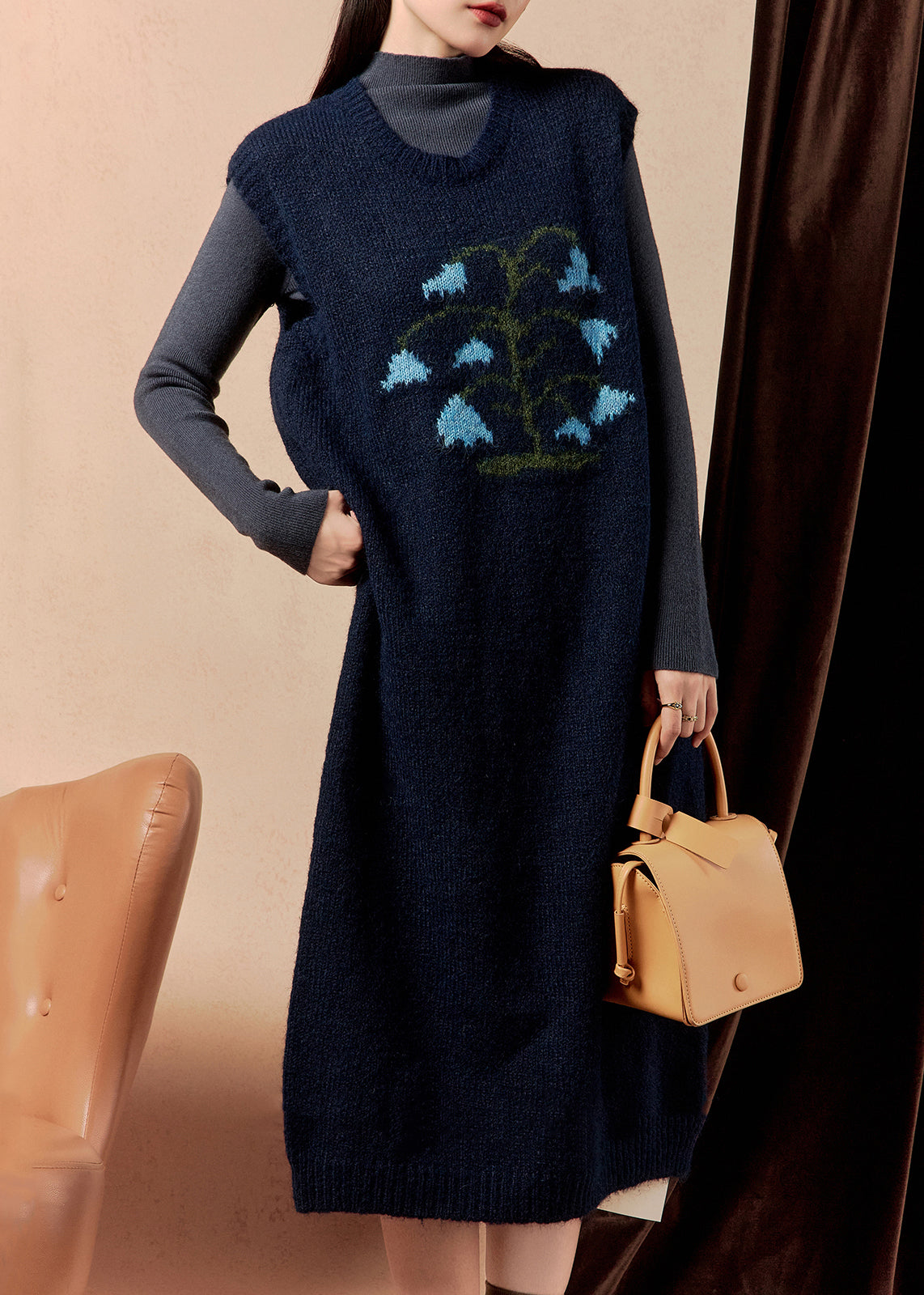 Navy Embroidered Cozy Knit Dress Sleeveless
