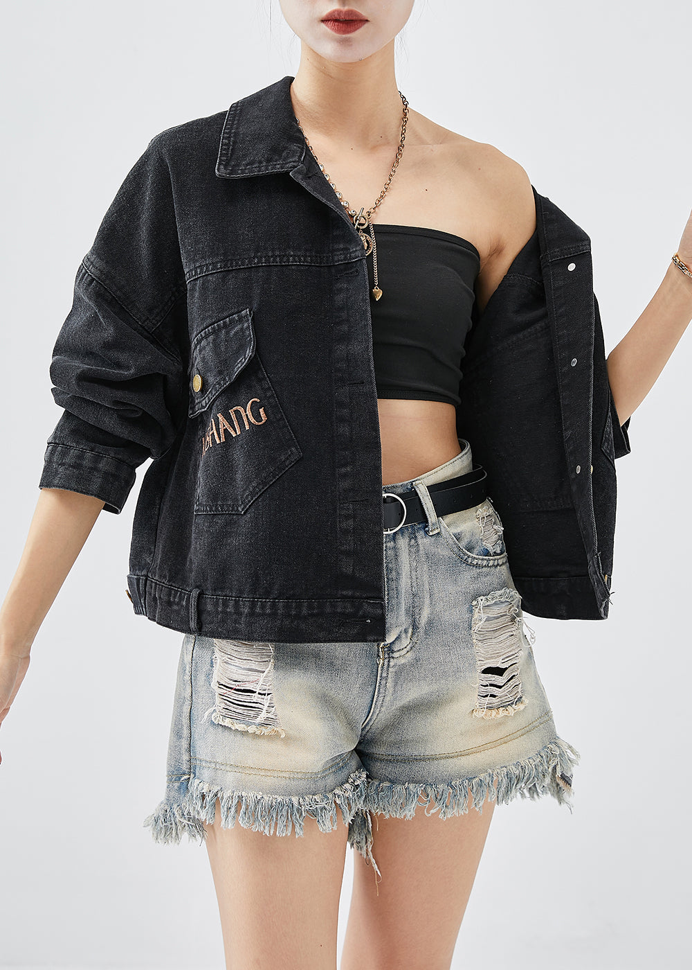 Boutique Black Embroideried Letter Butterfly Denim Jacket Spring