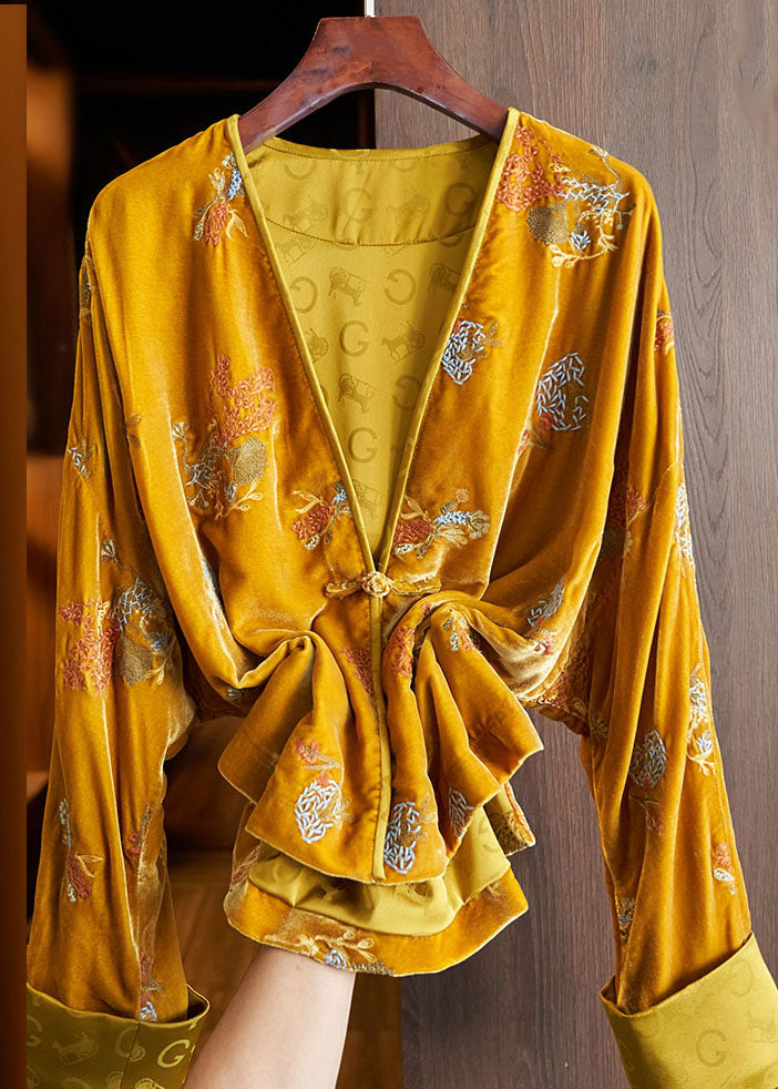 Green V Neck Embroideried Button Silk Velour Coats Fall