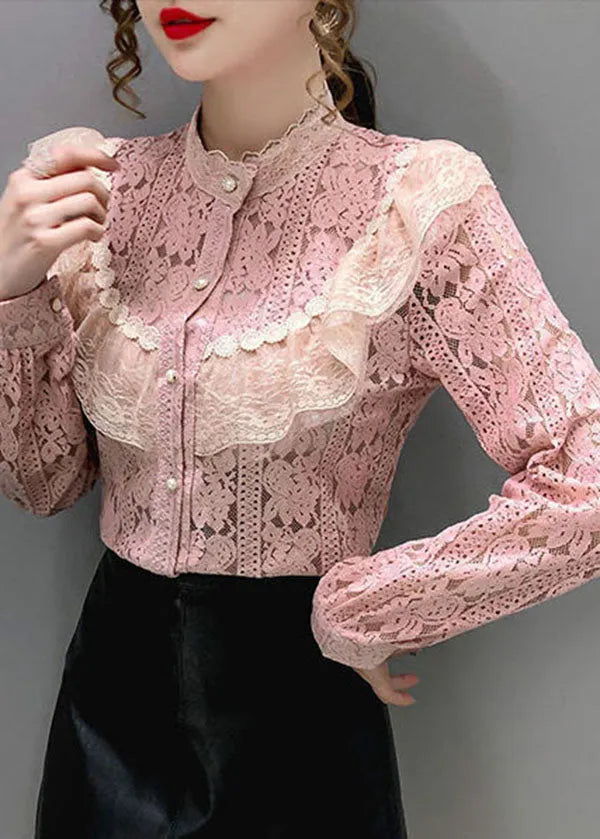 Pink Lace Loose Shirt Top Button Hollow Out Long Sleeve