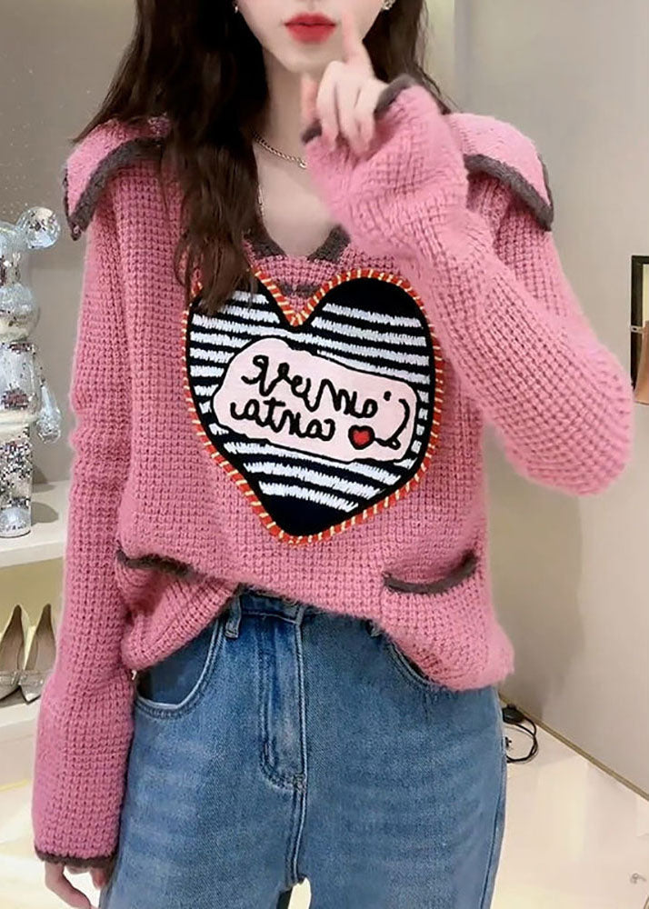 Pink Peter Pan Collar Print Pockets Patchwork Knit Sweaters Fall