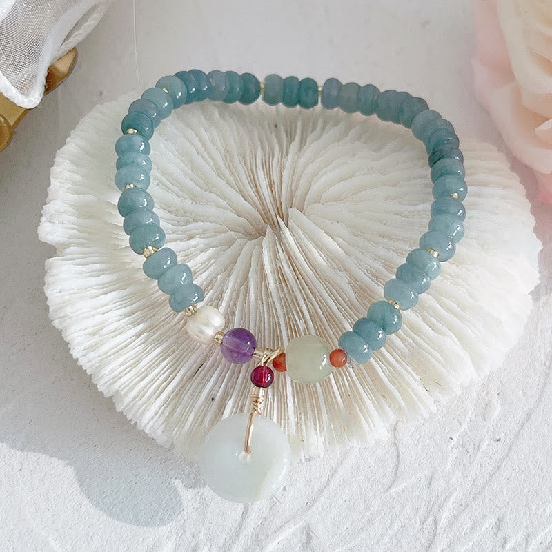 Buddha Stones Natural Hetian Jade Pearl Peace Buckle Fu Character Gourd Money Bag Strawberry Quartz Pixiu Luck Bracelet