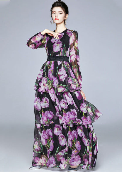 Boutique Purple Print O-neck Layered Design Chiffon Long Dresses Fall
