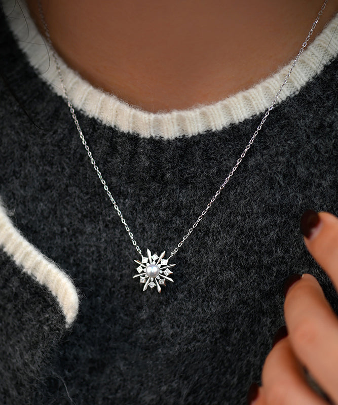 Romantic Christmas Snowflakes Pearl Adjustable Silver Pendant Necklace