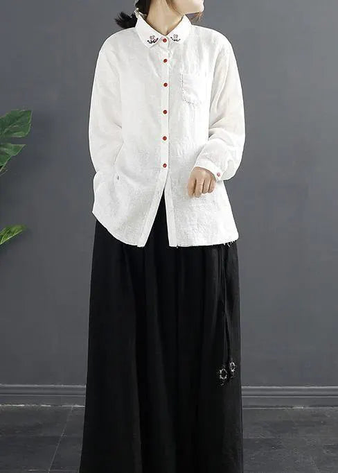Simple Lapel Embroidery Top Pattern White Blouses