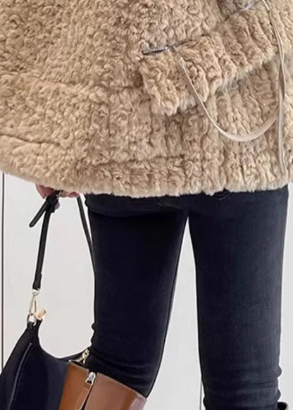 Modern Khaki Zip Up Warm Faux Fur Vests Winter