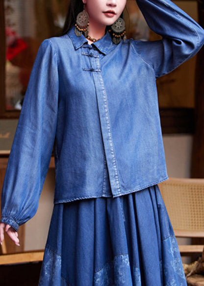 Blue Peter Pan Collar Patchwork Button Silk Cotton Denim Shirt Long Sleeve
