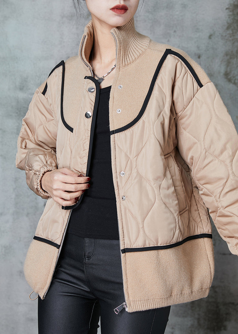 Khaki Stand Collar Patchwork Knit Fine Cotton Filled Coats Spring