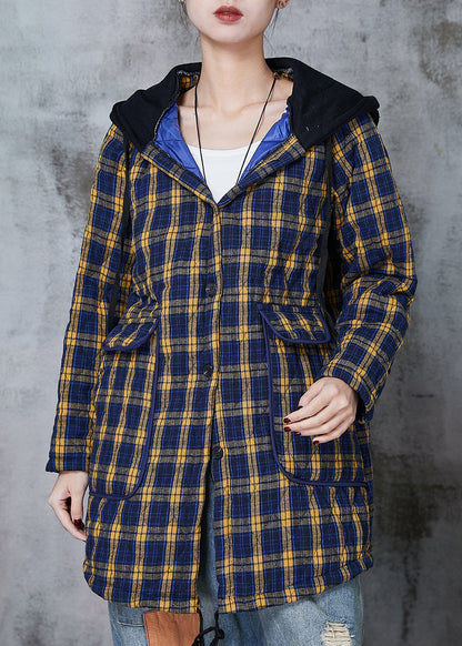 Yellow Hooded Plaid Fine Cotton Filled Coats Spring