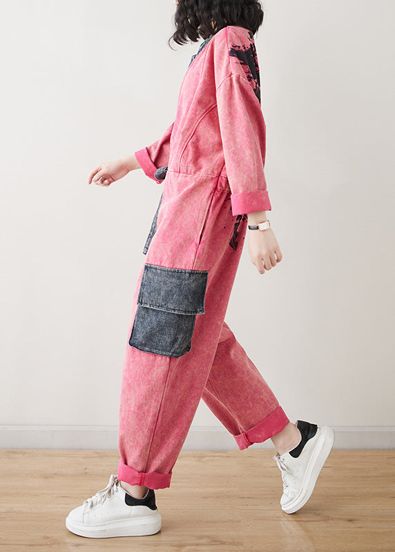 Fitted Red O-neck Patchwork Tie Waist Jumpsuit Spring