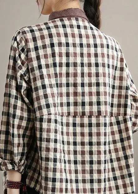 Style Chocolate Plaid Shirts Lapel Patchwork Vestidos De Lino Spring Shirts