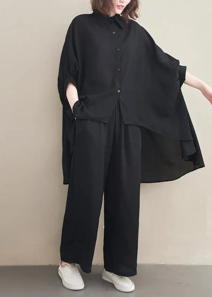 Loose Lapel Batwing Sleeve Spring Clothes Fabrics Black Tops