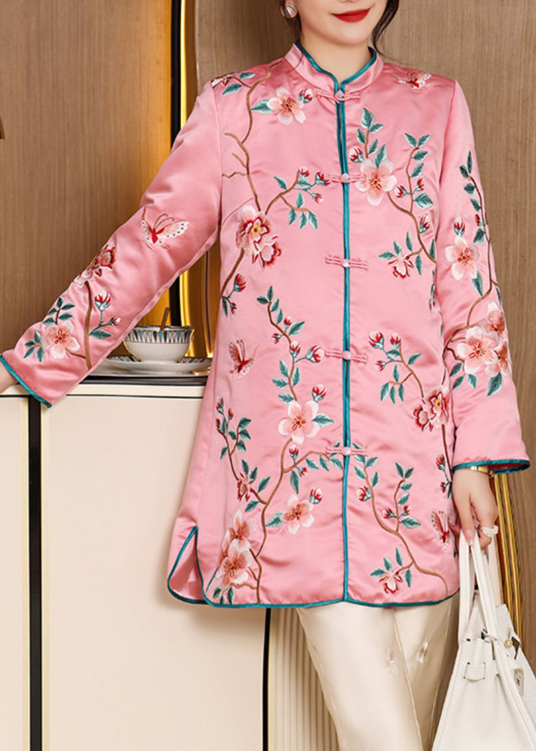 Pink Stand Collar Embroideried Side Open Button Silk Long Coats Fall