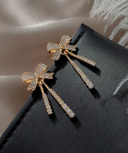 Gold Sterling Silver Alloy Zircon Bow Tassel Drop Earrings