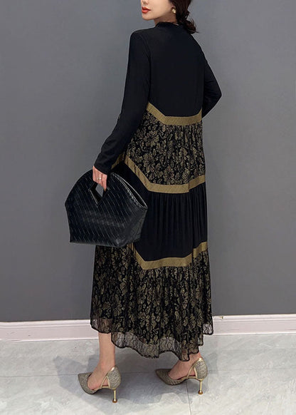 Black V Neck Tulle Patchwork Wrinkled Long Dress Spring