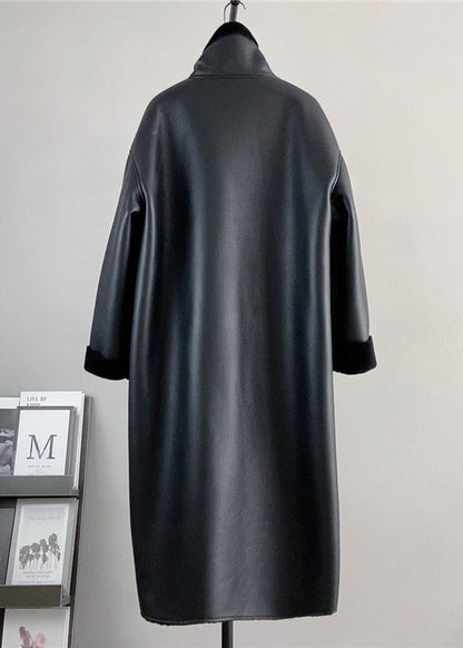 Boutique Black Stand Collar Leather and Fur Warm Coat Winter
