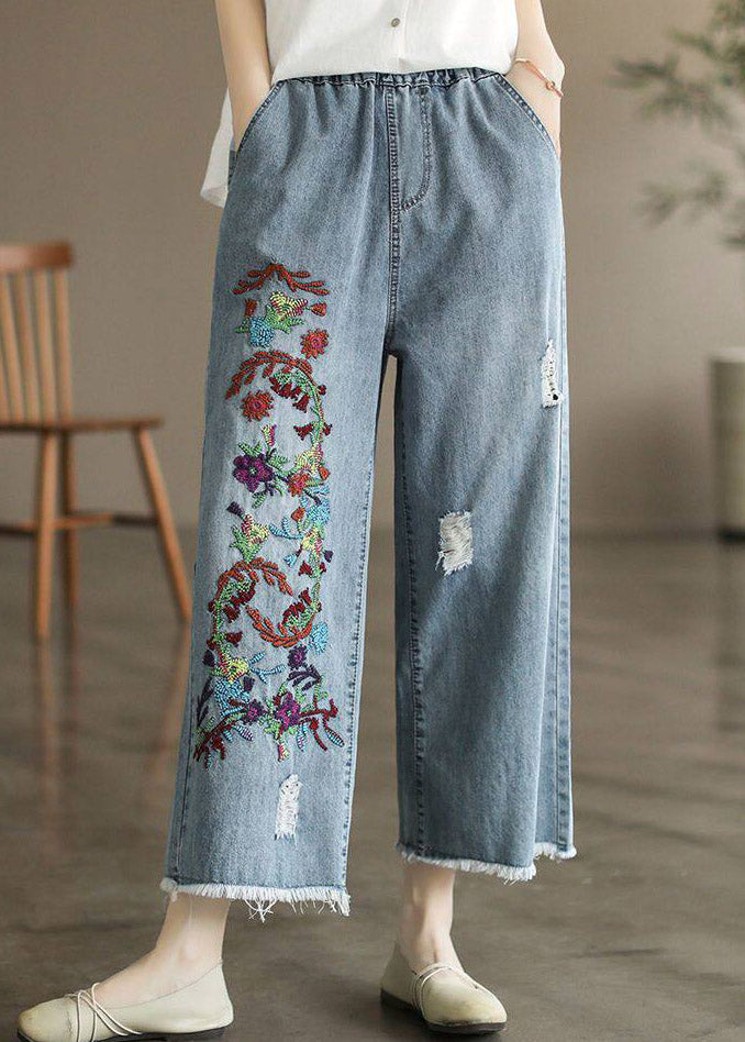 Light Blue Embroidered Pockets Patchwork Crop Jeans Summer