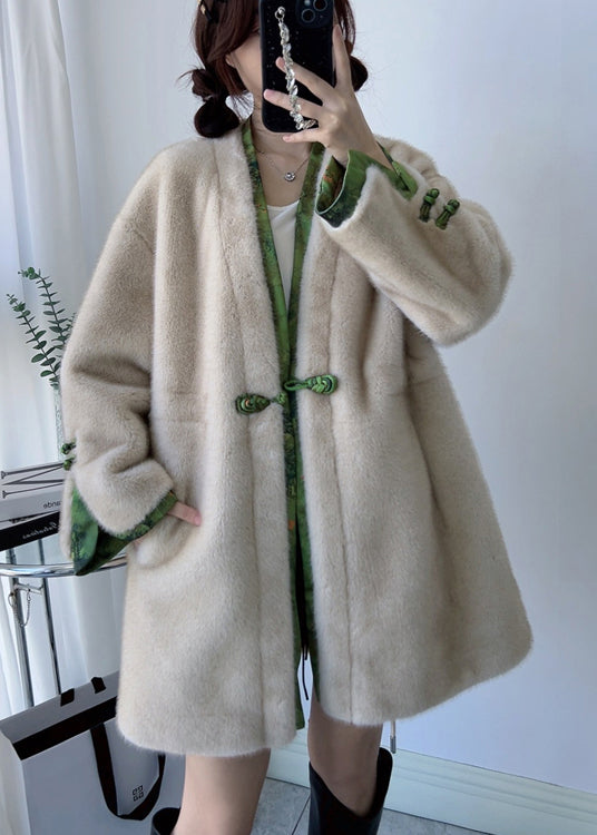 Chinese Style Apricot V Neck Button Drawstring Mink Cashmere Coats Winter
