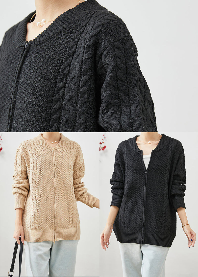 Diy Khaki Zip Up Thick Cable Knit Coats Fall