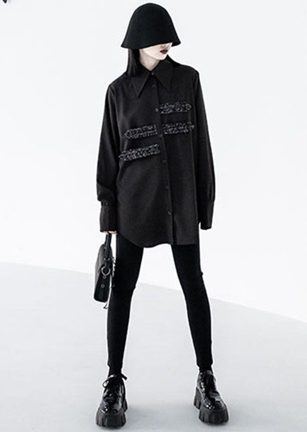 Black Peter Pan Collar Button Sequins Cotton Shirt Tops Long Sleeve