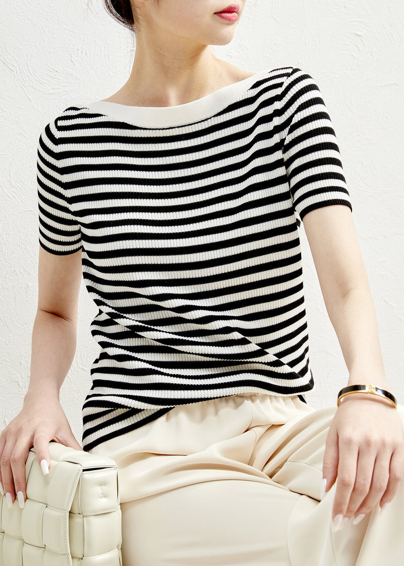 Black Striped O-neck Silk Knit T Shirts Sleeve