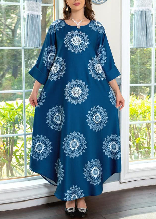Blue O Neck Print Cotton Maxi Dresses Summer