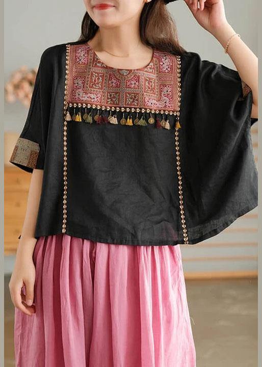 Black Embroidered Linen T-shirt