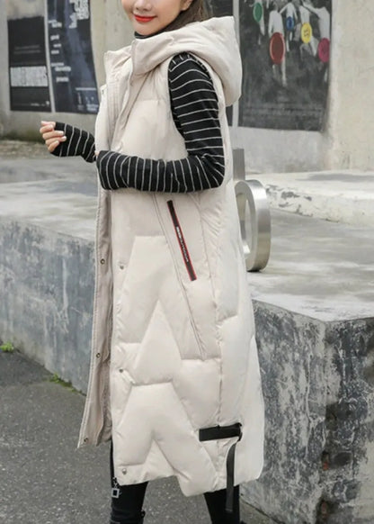 Black Hooded Patchwork Long Duck Down Vest Sleeveless