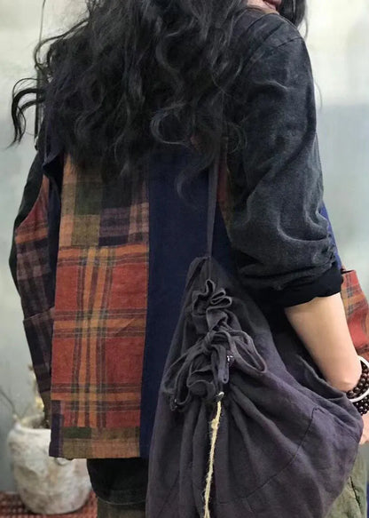 Red Button Plaid Patchwork Linen Vest Spring