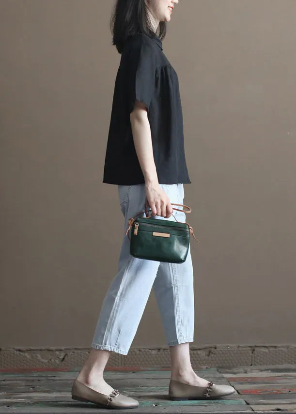 Simple Black Peter Pan Collar Wrinkled Button Linen Blouses Short Sleeve