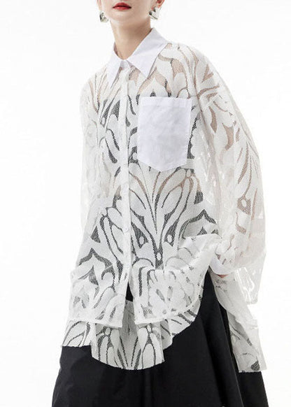 White Lace Shirts Hollow Out Asymmetrical Design Spring