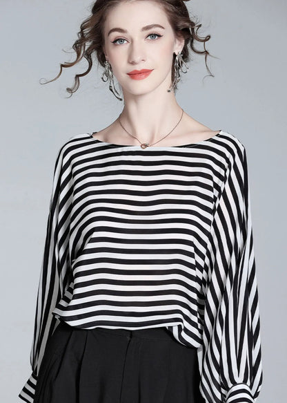 Black O Neck Striped Patchwork Silk Shirt Tops Spring