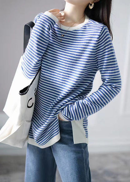 Blue Striped Side Open Patchwork Knitting Cotton Tops Fall
