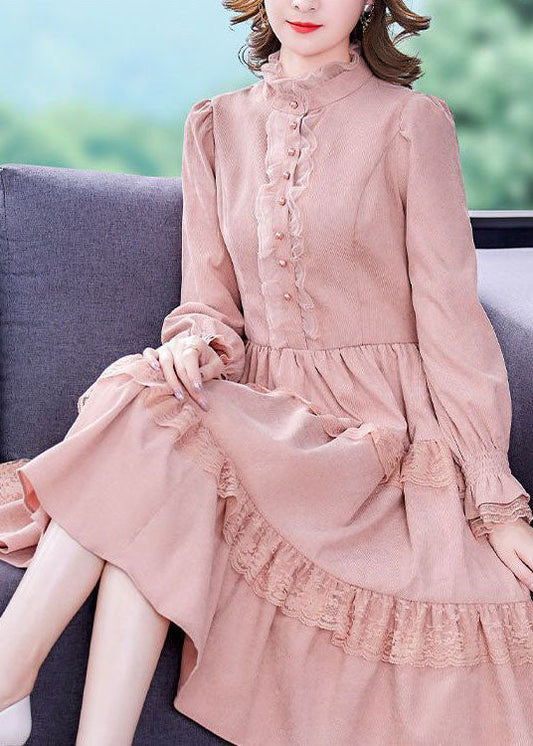 Pink Ruffled Lace Patchwork Exra Large Hem Silk Velour Dress Spring
