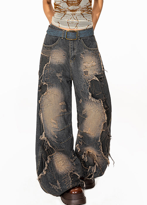 Denim Blue Pockets High Waist Ripped Jeans Fall